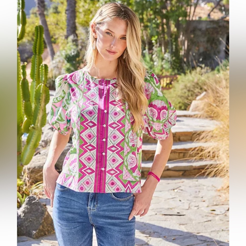 Karen Kane Vibrant Floral Puff Sleeve 100% Cotton Spring Boho Size Small Top - Picture 6 of 16